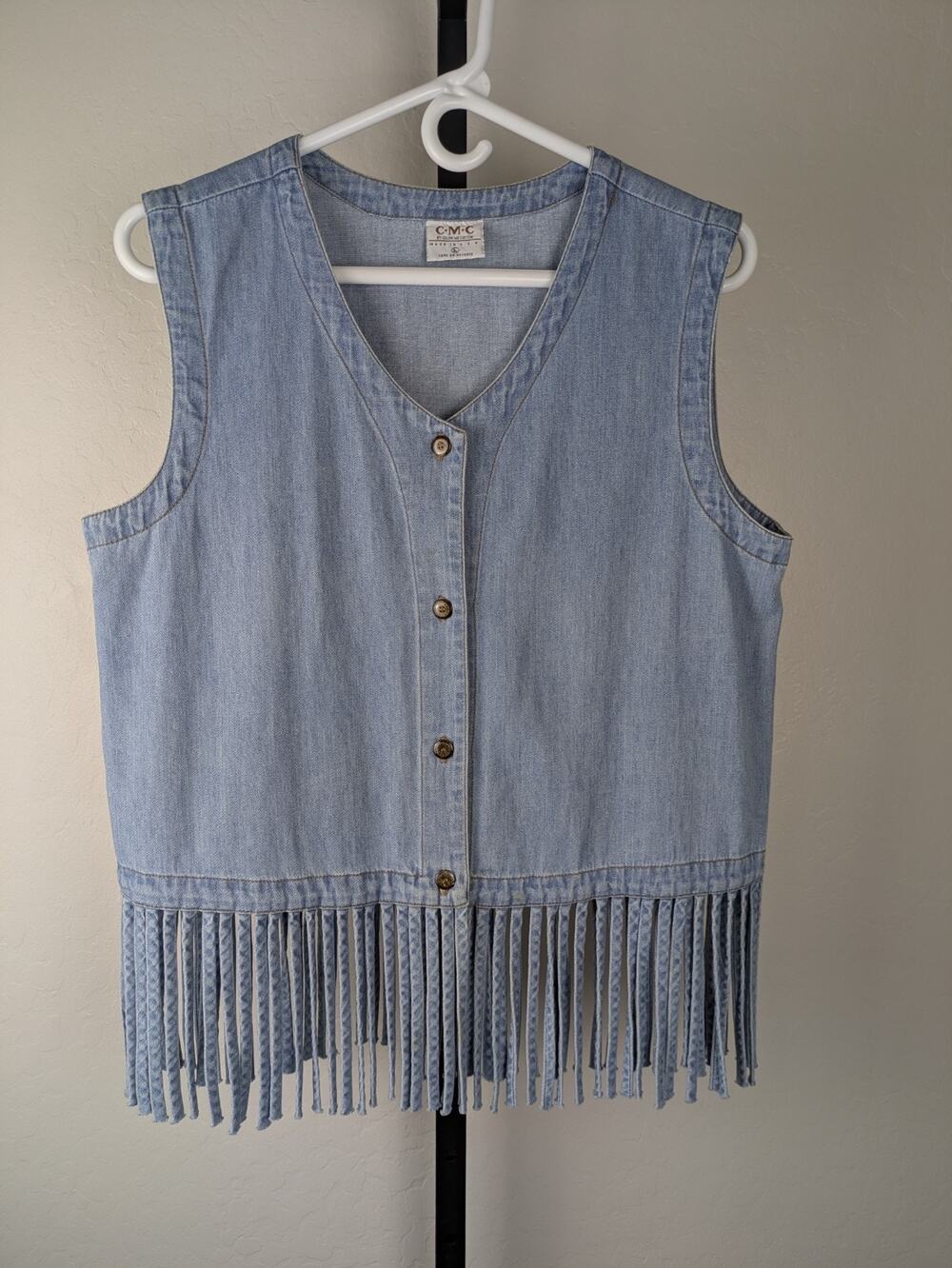 Vintage light blue chambray denim button front vest fringe 100% cotton